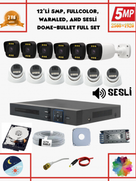 12 Kameralı 5MP Fullhd, Warmled, Fullcolor, Su Geçirmez 12'li AHD Dome-Bullet Kamera Seti