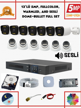 13 Kameralı 5MP Fullhd, Warmled, Fullcolor, Su Geçirmez 13'lü AHD Dome-Bullet Kamera Seti