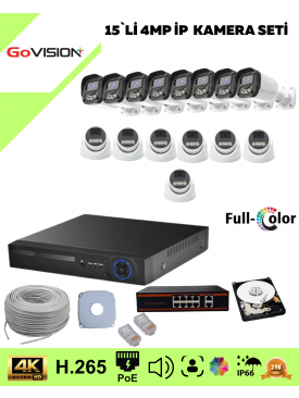 15 Kameralı Ultra HD 4K Çözünürlük, Gece Görüşlü, Warmled, Fullcolor, H,265, Poe, 4MP İP Bullet-Dome Kamera Seti