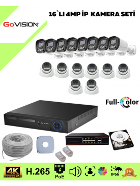 16 Kameralı Ultra HD 4K Çözünürlük, Gece Görüşlü, Warmled, Fullcolor, H,265, Poe, 4MP İP Bullet-Dome Kamera Seti