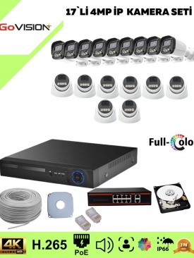17 Kameralı Ultra HD 4K Çözünürlük, Gece Görüşlü, Warmled, Fullcolor, H,265, Poe, 4MP İP Bullet-Dome Kamera Seti