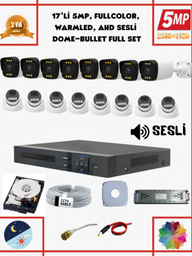 17 Kameralı 5MP Fullhd, Warmled, Fullcolor, Su Geçirmez 17'li AHD Dome-Bullet Kamera Seti