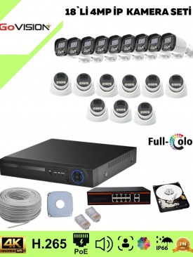 18 Kameralı Ultra HD 4K Çözünürlük, Gece Görüşlü, Warmled, Fullcolor, H,265, Poe, 4MP İP Bullet-Dome Kamera Seti