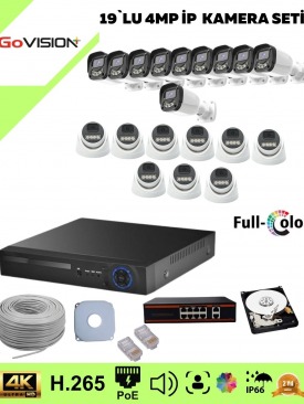 19 Kameralı Ultra HD 4K Çözünürlük, Gece Görüşlü, Warmled, Fullcolor, H,265, Poe, 4MP İP Bullet-Dome Kamera Seti