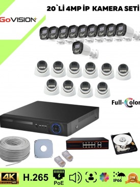 20 Kameralı Ultra HD 4K Çözünürlük, Gece Görüşlü, Warmled, Fullcolor, H,265, Poe, 4MP İP Bullet-Dome Kamera Seti