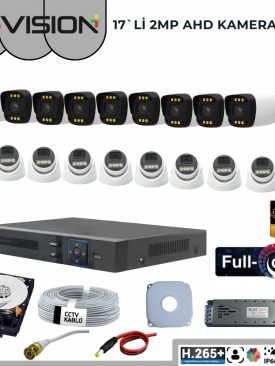17 KAMERALI 2MP 1080P,FULLHD,WARMLED,FULLCOLOR,SU GEÇİRMEZ, 17'Lİ AHD DOME-BULLET KAMERA SETİ 