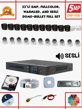 22 Kameralı 5MP Fullhd, Warmled, Fullcolor, Su Geçirmez 22'li AHD Dome-Bullet Kamera Seti