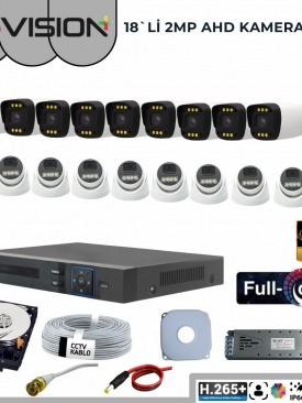 18 KAMERALI 2MP 1080P,FULLHD,WARMLED,FULLCOLOR,SU GEÇİRMEZ, 18'Lİ AHD DOME-BULLET KAMERA SETİ