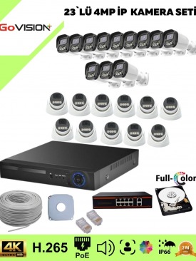 23 Kameralı Ultra HD 4K Çözünürlük, Gece Görüşlü, Warmled, Fullcolor, H,265, Poe, 4MP İP Bullet-Dome Kamera Seti