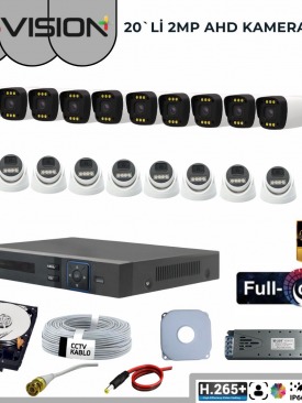 20 KAMERALI 2MP 1080P,FULLHD,WARMLED,FULLCOLOR,SU GEÇİRMEZ, 20'Lİ AHD DOME-BULLET KAMERA SETİ