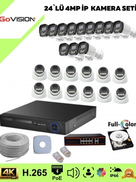 24 Kameralı Ultra HD 4K Çözünürlük, Gece Görüşlü, Warmled, Fullcolor, H,265, Poe, 4MP İP Bullet-Dome Kamera Seti