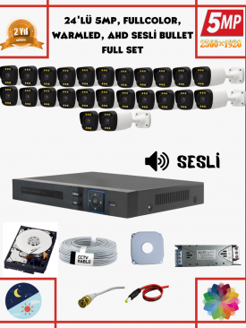 24 Kameralı 5MP Fullhd, Warmled, Fullcolor, Su Geçirmez 24'lü AHD Bullet Kamera Seti