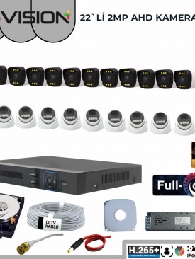 22 KAMERALI 2MP 1080P,FULLHD,WARMLED,FULLCOLOR,SU GEÇİRMEZ, 22'Lİ AHD DOME-BULLET KAMERA SETİ