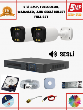 2 Kameralı 5MP Fullhd, Warmled, Fullcolor, Su Geçirmez 2'li AHD Bullet Kamera Seti
