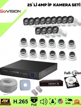 25 Kameralı Ultra HD 4K Çözünürlük, Gece Görüşlü, Warmled, Fullcolor, H,265, Poe, 4MP İP Bullet-Dome Kamera Seti