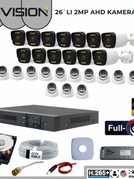 26 KAMERALI 2MP 1080P,FULLHD,WARMLED,FULLCOLOR,SU GEÇİRMEZ, 26'LI AHD DOME-BULLET KAMERA SETİ