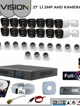 27 KAMERALI 2MP 1080P,FULLHD,WARMLED,FULLCOLOR,SU GEÇİRMEZ, 27'Lİ AHD DOME-BULLET KAMERA SETİ