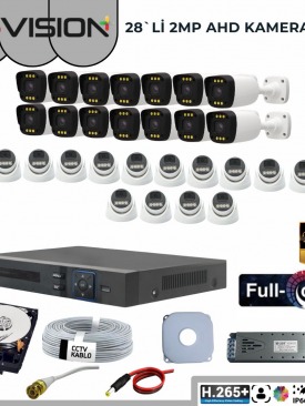 28 KAMERALI 2MP 1080P,FULLHD,WARMLED,FULLCOLOR,SU GEÇİRMEZ, 28'Lİ AHD DOME-BULLET KAMERA SETİ