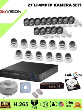 27 Kameralı Ultra HD 4K Çözünürlük, Gece Görüşlü, Warmled, Fullcolor, H,265, Poe, 4MP İP Bullet-Dome Kamera Seti