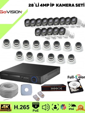28 Kameralı Ultra HD 4K Çözünürlük, Gece Görüşlü, Warmled, Fullcolor, H,265, Poe, 4MP İP Bullet-Dome Kamera Seti