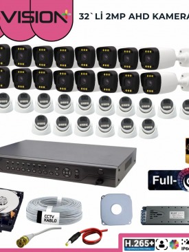 32 KAMERALI 2MP 1080P,FULLHD,WARMLED,FULLCOLOR,SU GEÇİRMEZ, 32'Lİ AHD DOME-BULLET KAMERA SETİ
