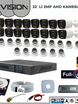 32 KAMERALI 2MP 1080P,FULLHD,WARMLED,FULLCOLOR,SU GEÇİRMEZ, 32'Li AHD DOME-BULLET KAMERA SETİ