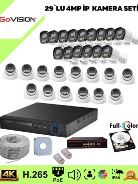 29 Kameralı Ultra HD 4K Çözünürlük, Gece Görüşlü, Warmled, Fullcolor, H,265, Poe, 4MP İP Bullet-Dome Kamera Seti