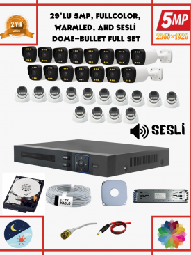 29 Kameralı 5MP Fullhd, Warmled, Fullcolor, Su Geçirmez 29'lu AHD Dome-Bullet Kamera Seti