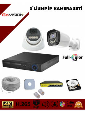 2 Kameralı Ultra HD 4K Çözünürlük, Gece Görüşlü, Warmled, Fullcolor, H.265, Poe 5MP İP Dome-Bullet Kamera Seti