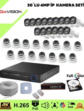 30 Kameralı Ultra HD 4K Çözünürlük, Gece Görüşlü, Warmled, Fullcolor, H,265, Poe, 4MP İP Bullet-Dome Kamera Seti