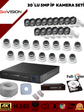 30 KAMERALI ULTRA HD 4K ÇÖZÜNÜRLÜK, GECE GÖRÜŞLÜ, WARMLED, FULLCOLOR, H.265, POE 5MP İP DOME-BULLET KAMERA SETİ
