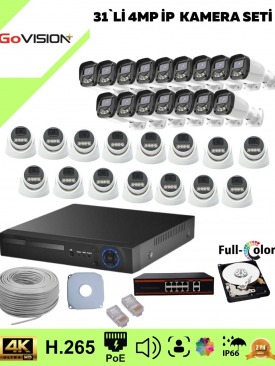 31 Kameralı Ultra HD 4K Çözünürlük, Gece Görüşlü, Warmled, Fullcolor, H,265, Poe, 4MP İP Bullet-Dome Kamera Seti
