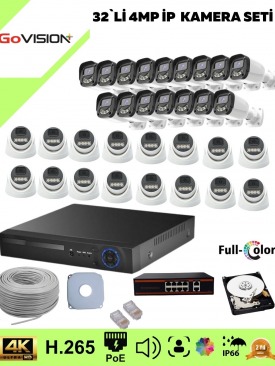 32 Kameralı Ultra HD 4K Çözünürlük, Gece Görüşlü, Warmled, Fullcolor, H,265, Poe, 4MP İP Bullet-Dome Kamera Seti