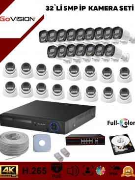 32 KAMERALI ULTRA HD 4K ÇÖZÜNÜRLÜK, GECE GÖRÜŞLÜ, WARMLED, FULLCOLOR, H.265, POE 5MP İP DOME-BULLET KAMERA SETİ