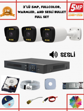 3 Kameralı 5MP Fullhd, Warmled, Fullcolor, Su Geçirmez 3'lü AHD Bullet Kamera Seti
