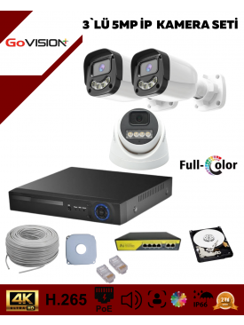 3 Kameralı Ultra HD 4K Çözünürlük, Gece Görüşlü, Warmled, Fullcolor, H.265, Poe 5MP İP Dome-Bullet Kamera Seti
