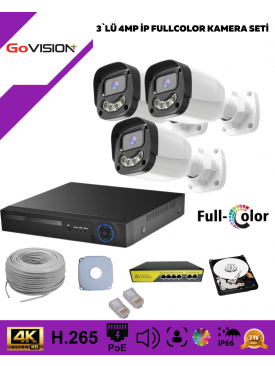 3 Kameralı Ultra HD 4K Çözünürlük, Gece Görüşlü, Warmled, Fullcolor, H.265, Poe, 4MP İP Bullet Kamera Seti