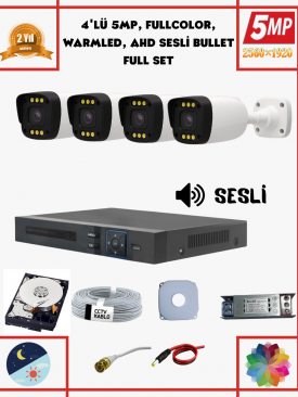 4 Kameralı 5MP Fullhd, Warmled, Fullcolor, Su Geçirmez 4'lü AHD Bullet Kamera Seti