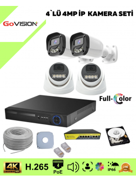4 Kameralı Ultra HD 4K Çözünürlük, Gece Görüşlü, Warmled, Fullcolor, H,265, Poe, 4MP İP Bullet-Dome Kamera Seti