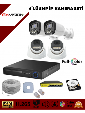 4 Kameralı Ultra HD 4K Çözünürlük, Gece Görüşlü, Warmled, Fullcolor, H.265, Poe 5MP İP Dome-Bullet Kamera Seti