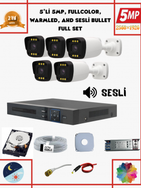 5 Kameralı 5MP Fullhd, Warmled, Fullcolor, Su Geçirmez 5'li AHD Bullet Kamera Seti