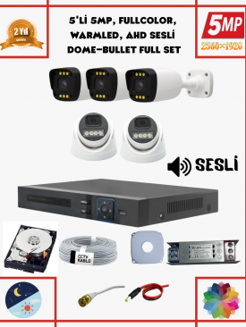 5 Kameralı 5MP Fullhd, Warmled, Fullcolor, Su Geçirmez 5'li AHD Dome-Bullet Kamera Seti