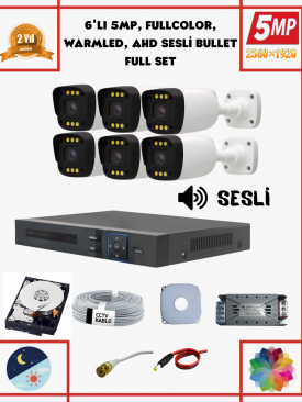 6 Kameralı 5MP Fullhd, Warmled, Fullcolor, Su Geçirmez 6'lı AHD Bullet Kamera Seti