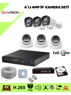 6 Kameralı Ultra HD 4K Çözünürlük, Gece Görüşlü, Warmled, Fullcolor, H,265, Poe, 4MP İP Bullet-Dome Kamera Seti