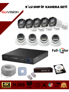 9 Kameralı Ultra HD 4K Çözünürlük, Gece Görüşlü, Warmled, Fullcolor, H.265, Poe 5MP İP Dome-Bullet Kamera Seti 